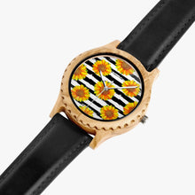 Load image into Gallery viewer, Ti Amo I love you - Exclusive Brand  - Black &amp; White Stripes with Sunflowers - Italian Olive Lumber Wooden Watch - Leather Strap
