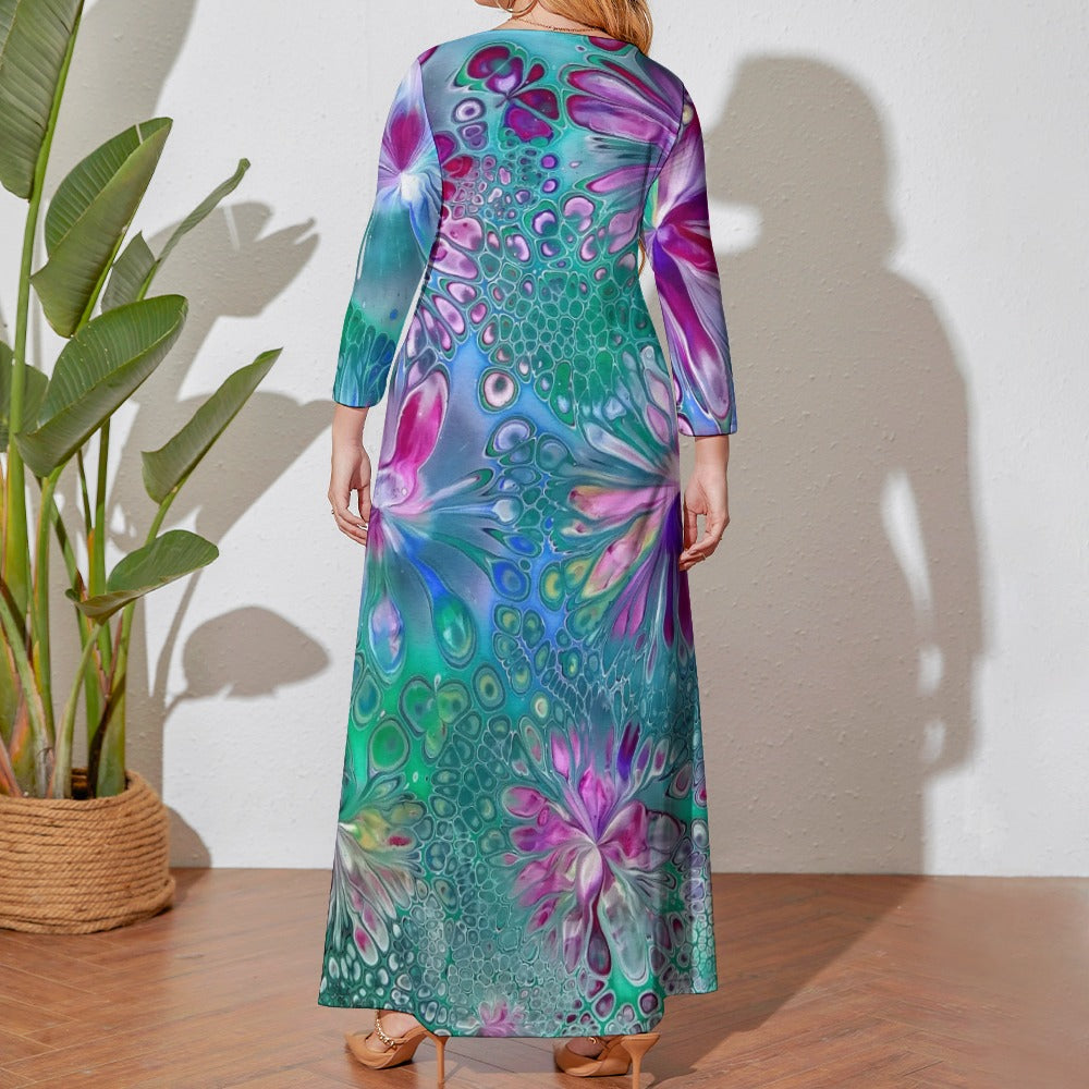 Ti Amo I love you - Exclusive Brand - Green & Purple Floral - Long Dress / Long Sleeves - Womens Plus Size - Loose Crew Neck Long Sleeve Long Dress - Sizes XL-5XL