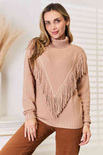 Load image into Gallery viewer, Woven Right Turtleneck Fringe Front Long Sleeve Sweater
