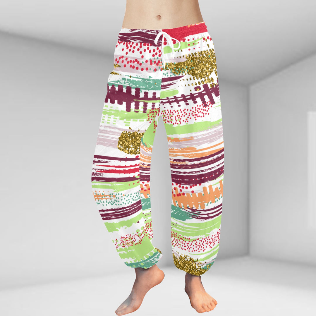 Ti Amo I love you  - Exclusive Brand  - White Stripes with Colorful Horizontal Stripes - Women's Harem Pants - Sizes XS-2XL