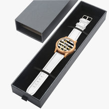 Load image into Gallery viewer, Ti Amo I love you - Exclusive Brand - Black &amp; White Stripes with Gold Dots - Unisex Designer Italian Olive Wood Watch - Leather Strap
