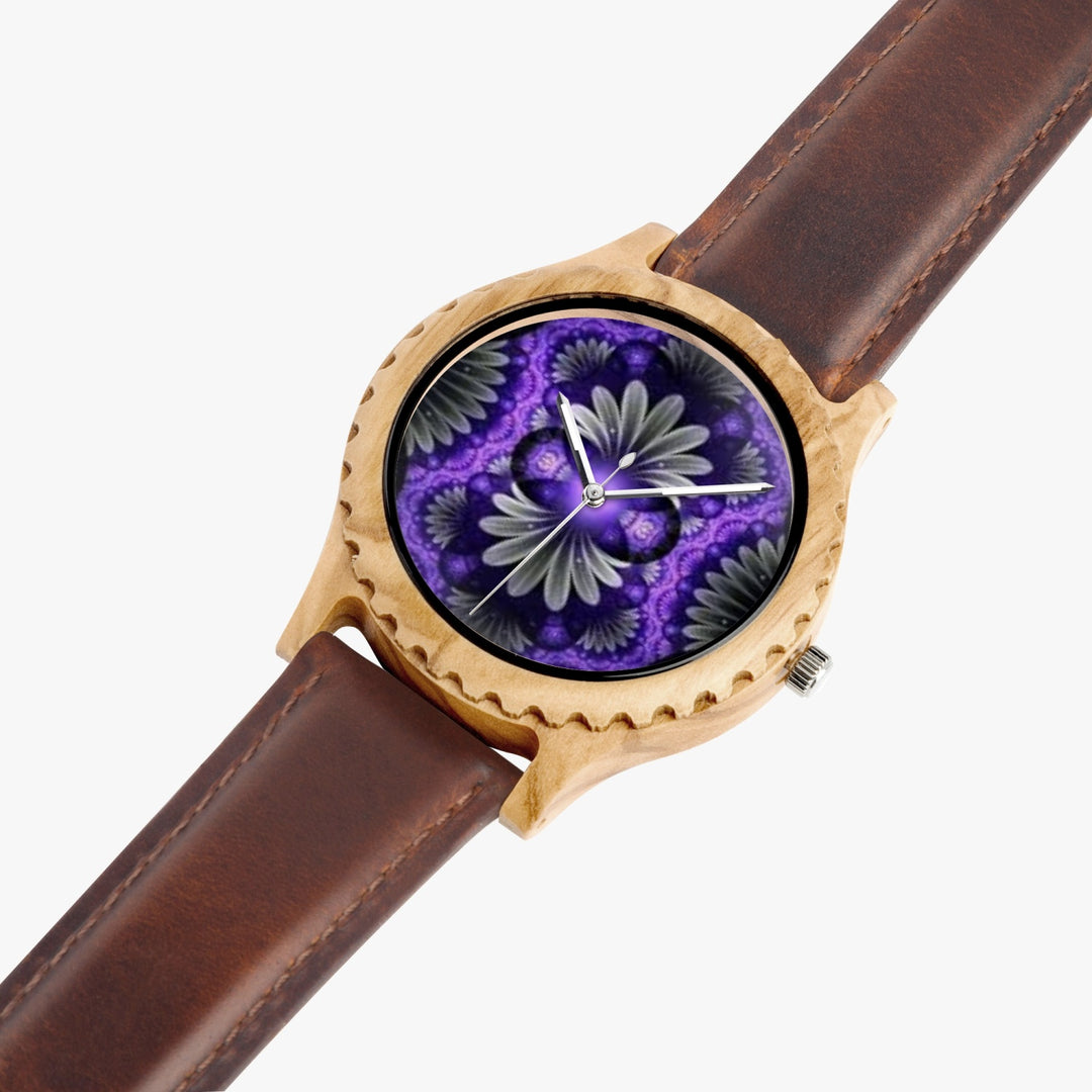 Ti Amo I love you - Exclusive Brand - Purple & Grey Floral Pattern - Womens Designer Italian Olive Wood Watch - Leather Strap