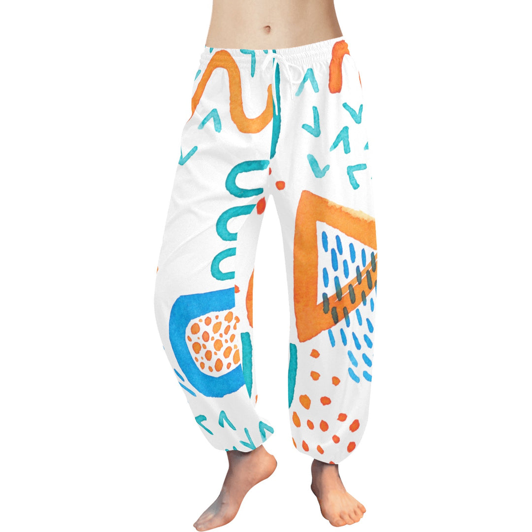 Ti Amo I love you  - Exclusive Brand - White with Orange & Blue Geometrical Shapes - Women's Harem Pants - Sizes XS-2XL