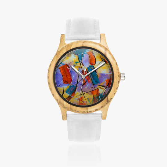 Ti Amo I love you - Exclusive Brand - Geometrical Painted Pattern - Unisex Designer Italian Olive Wood Watch - Leather Strap 45mm White