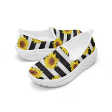 Load image into Gallery viewer, Ti Amo I love you - Exclusive Brand - Black &amp; White Stripes with Sunflowers - Women&#39;s Slip-On Mesh Rocking Shoes
