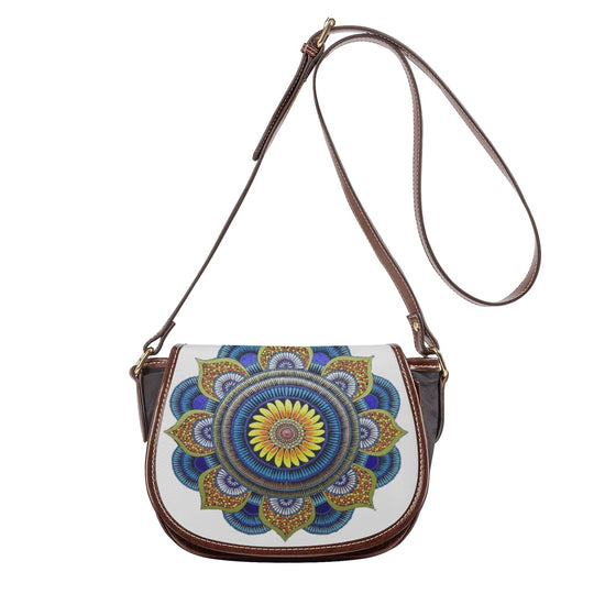 Ti Amo I love you - Exclusive Brand - Blue & Daisy Mandala - PU Leather Flap Saddle Bag