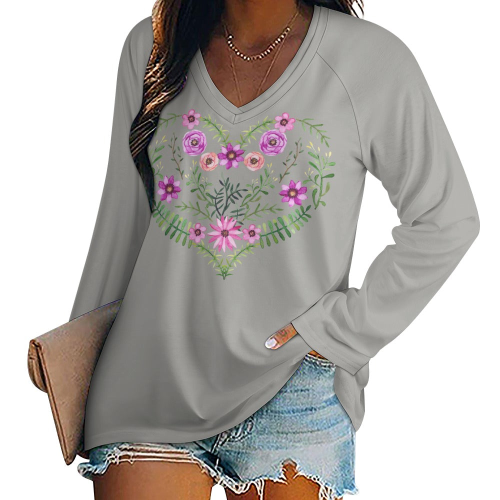 Ti Amo I love you - Exclusive Brand - Gray with Floral Heart - Women's Long Sleeve Loose Tee - Sizes S- 5XL