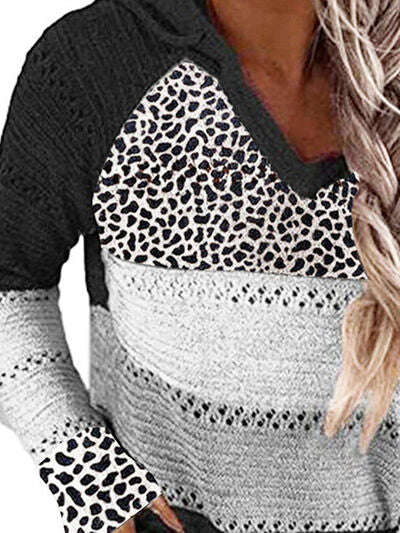 6 Colors - Full Size Openwork Leopard Drawstring Hooded Sweater