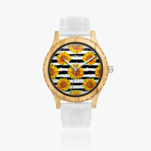 Load image into Gallery viewer, Ti Amo I love you - Exclusive Brand  - Black &amp; White Stripes with Sunflowers - Italian Olive Lumber Wooden Watch - Leather Strap
