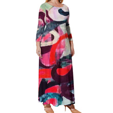 Load image into Gallery viewer, Ti Amo I love you - Exclusive Brand - Red Pink Fushia Plum Abstract Pattern -  Womens Plus Size - Long Dress / Long Sleeves - Loose Crew Neck Long Sleeve Long Dress - Sizes XL-5XL
