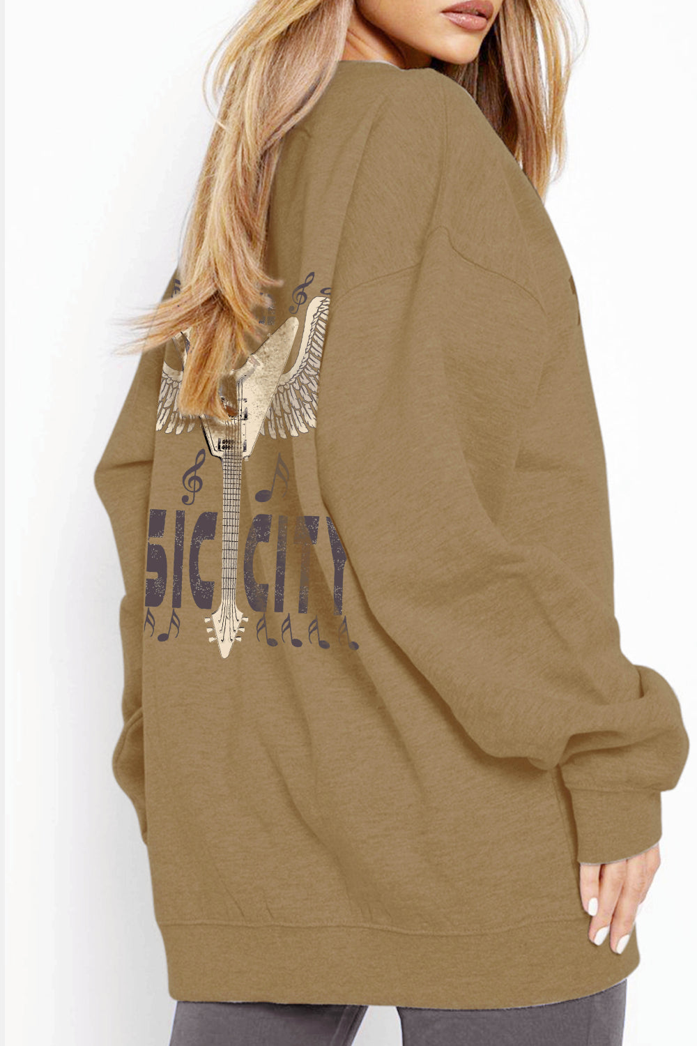 Womens - Simply Love - Taupe - Simply Love Full Size Round Neck Dropped Shoulder MUSIC CITY Graphic Sweatshirt