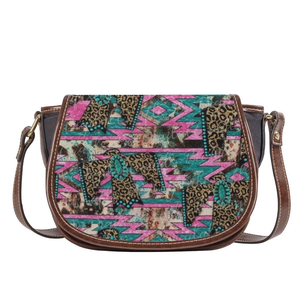 Ti Amo I love you - Exclusive Brand -Pink & Teal with Leopard Eagles - PU Leather Flap Saddle Bag One Size