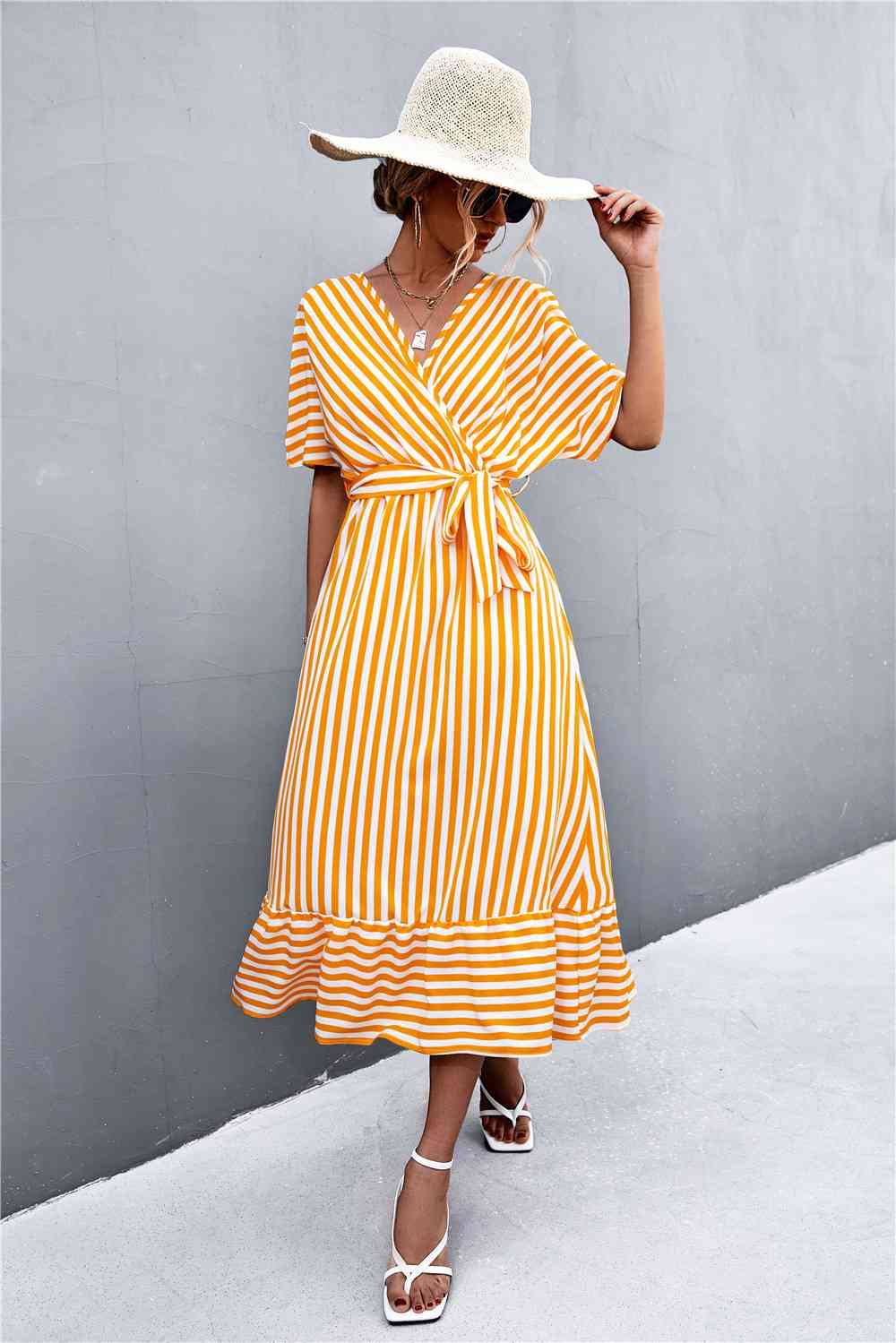 Striped Tie Belt Midi Dress