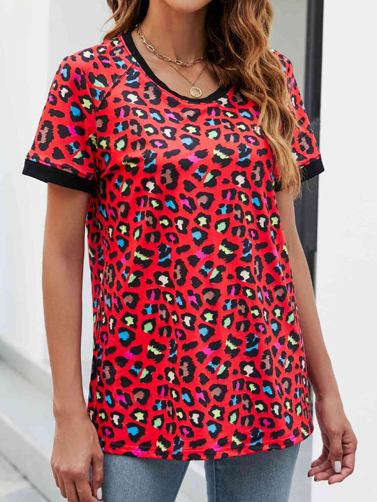 4 Colors - Leopard Round Neck Short Sleeve Tee Shirt