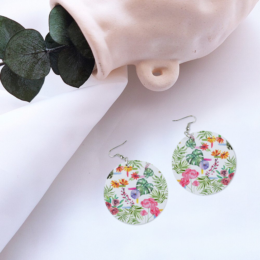 Ti Amo I love you - Exclusive Brand - Multicolored Floral- Geometric Round Wooden Earrings