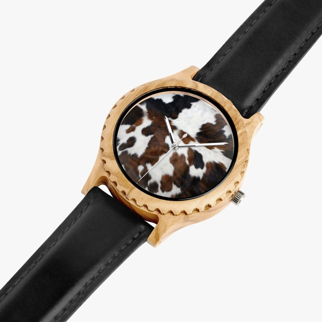 Ti Amo I love you  - Exclusive Brand  - Cow Pattern- Unisex Italian Olive Lumber Wooden Watch - Leather Strap