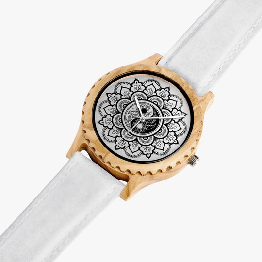 Ti Amo I love you - Exclusive Brand - Yin & Yang Mandala - Unisex Designer Italian Olive Wood Watch - Leather Strap