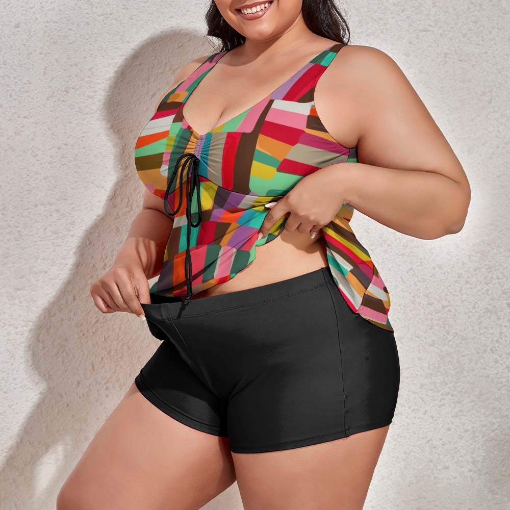 Ti Amo I love you - Exclusive Brand  - Colorblock Rectangles - 2pc Women's Plus Size Drawstring Swimsuit