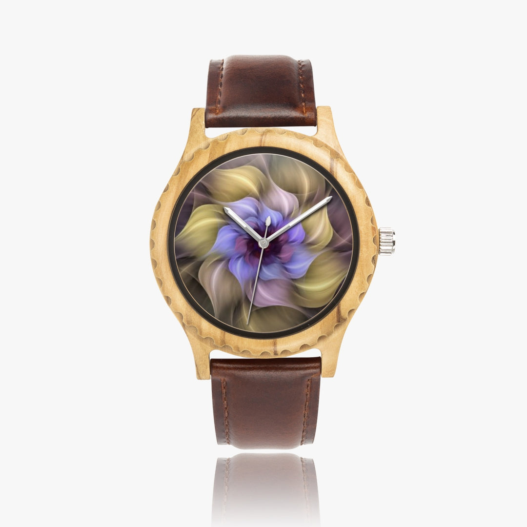 Ti Amo I love you - Exclusive Brand - Whimsical Flower - Womens Designer Italian Olive Wood Watch - Leather Strap 45mm Brown
