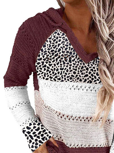 6 Colors - Full Size Openwork Leopard Drawstring Hooded Sweater