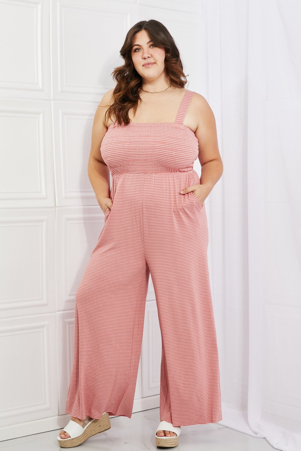 Zenana Only Exception - Dusty Pink Plus Size Striped Jumpsuit