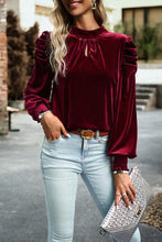 Load image into Gallery viewer, Tie Up Mock Neck Velvet Fabric Long Sleeve Blouse
