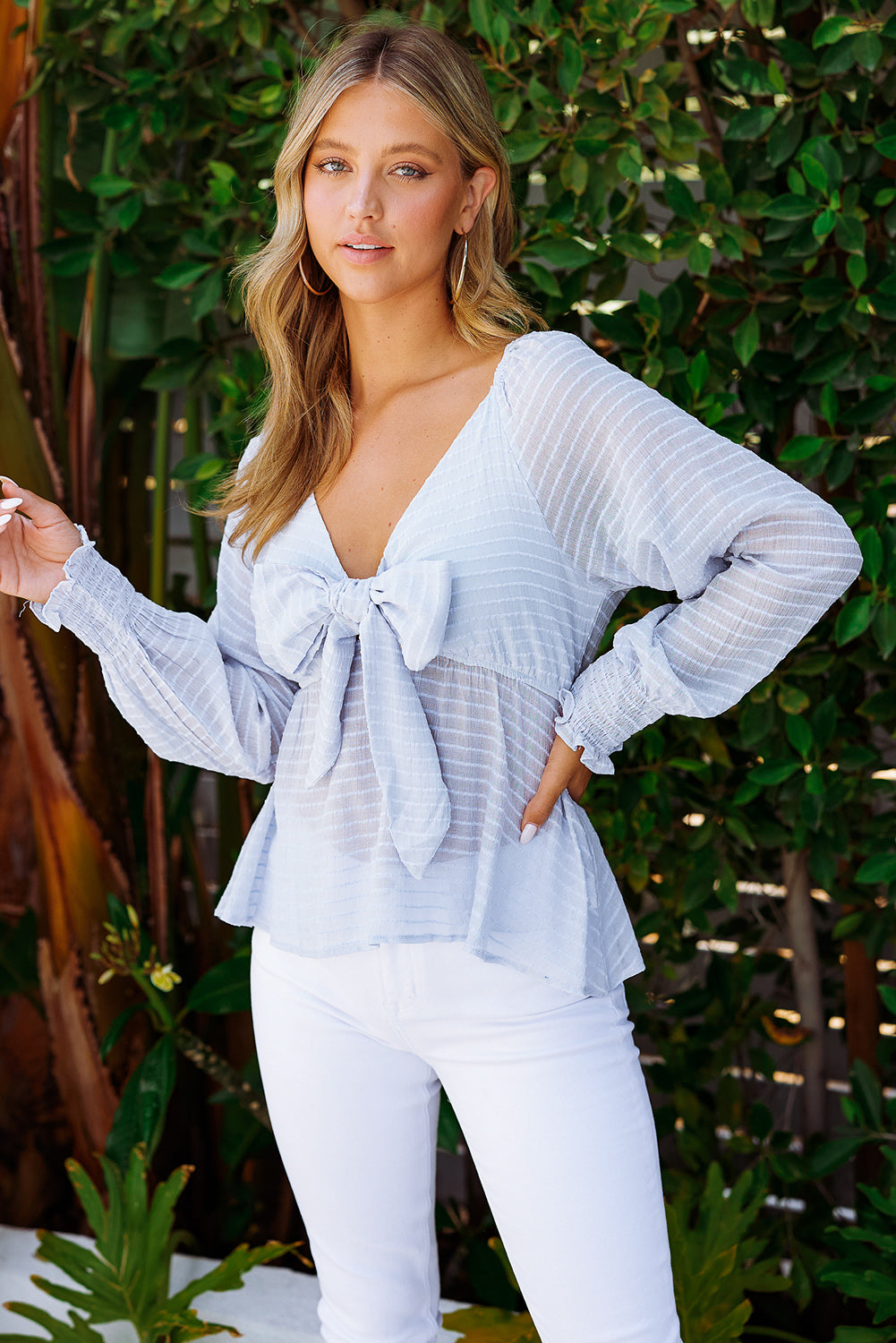 4 Colors - Striped Deep V Bow Detail Babydoll Top