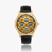 Load image into Gallery viewer, Ti Amo I love you - Exclusive Brand  - Black &amp; White Stripes with Sunflowers - Italian Olive Lumber Wooden Watch - Leather Strap
