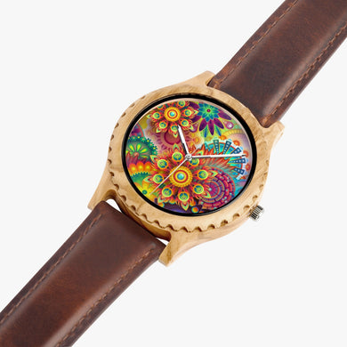 Ti Amo I love you - Exclusive Brand - Mandala Pattern - Unisex Designer Italian Olive Wood Watch - Leather Strap