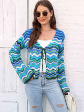 Load image into Gallery viewer, Striped Openwork Tied Cardigan
