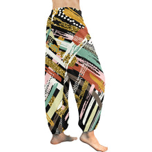 Load image into Gallery viewer, Ti Amo I love you - Exclusive Brand  - Black with Criss Crossed Colorful Diagonal Stripes - Women&#39;s Harem Pants - Sizes XS-2XL
