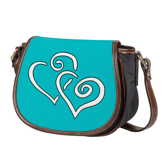 Ti Amo I love you - Exclusive Brand - Vivid Cyan (Robin's Egg Blue) - Double White Heart - Saddle Bag