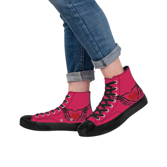 Ti Amo I love you - Exclusive Brand - Cerise Red 2 - Skeleton Hands with Heart - High Top Canvas Shoes - Black  Soles