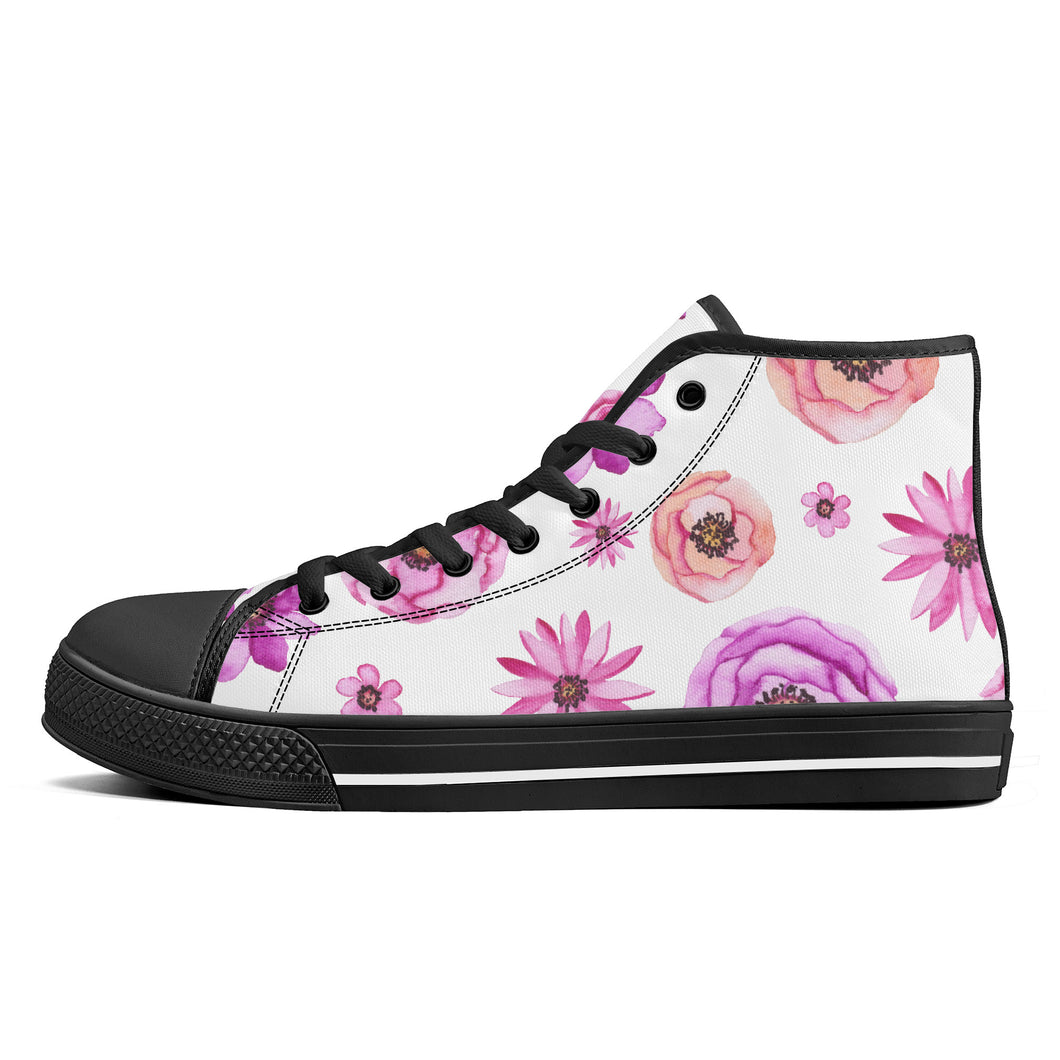 Ti Amo I love you - Exclusive Brand - White Floral - High-Top Canvas Shoes - Black