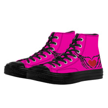 Load image into Gallery viewer, Ti Amo I love you - Exclusive Brand - Hollywood Cerise - Skeleton Hands with Heart - High Top Canvas Shoes - Black Soles
