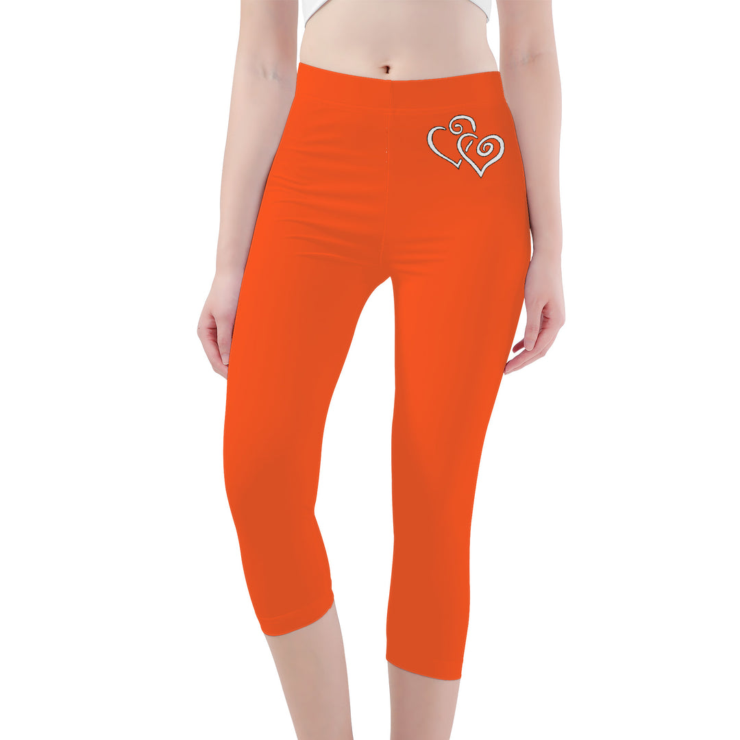 Ti Amo I love you - Exclusive Brand  - Orange - Double White Heart -  Womens / Teen Girls / Womens Plus Size - Capri Yoga Leggings - Sizes XS-3XL