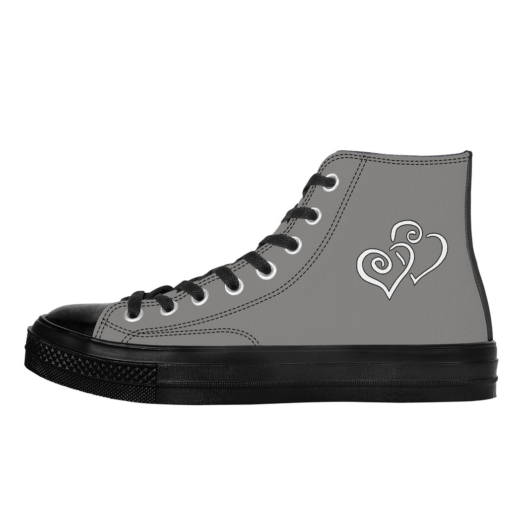 Ti Amo I love you - Exclusive Brand - Natural Gray - Double White Heart - High Top Canvas Shoes - Black  Soles