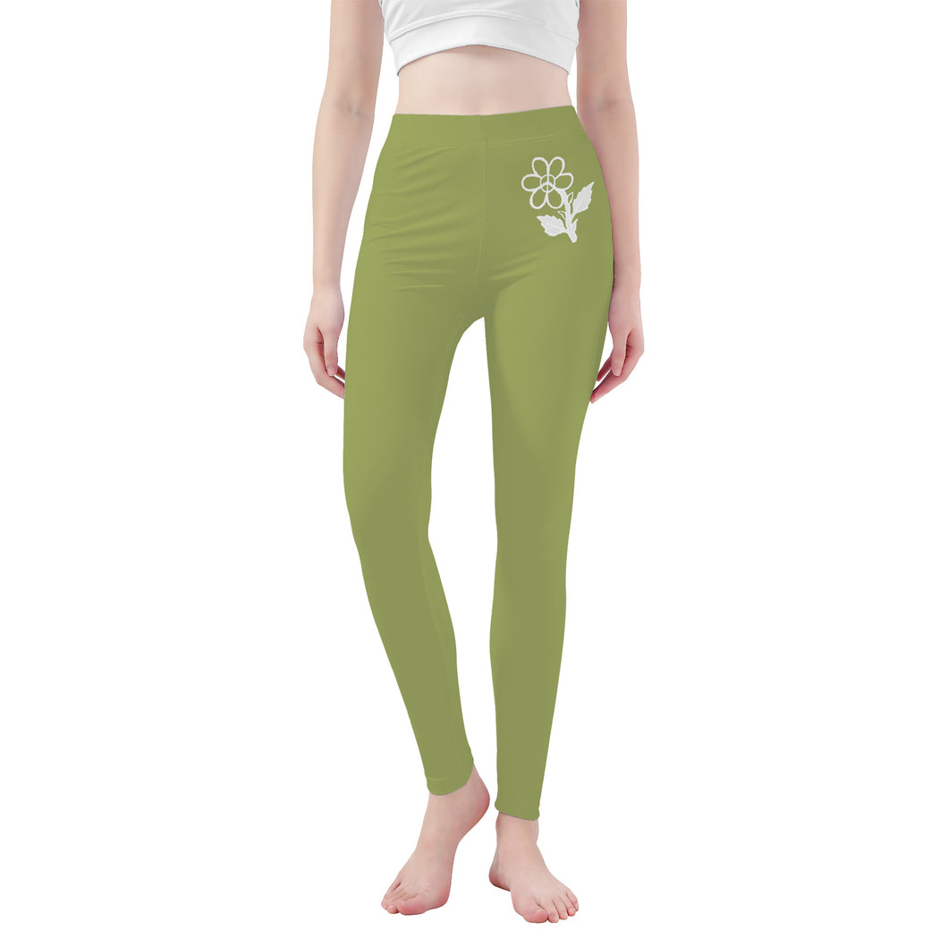 Ti Amo I love you - Exclusive Brand   - Olive Green - White Daisy -  Yoga Leggings