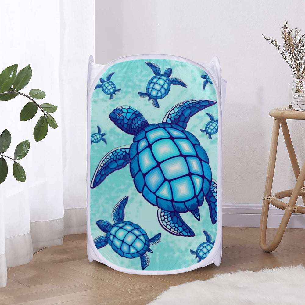 Ti Amo I love you - Exclusive Brand - Medium Turquoise Blue Turtles - Laundry Hamper White