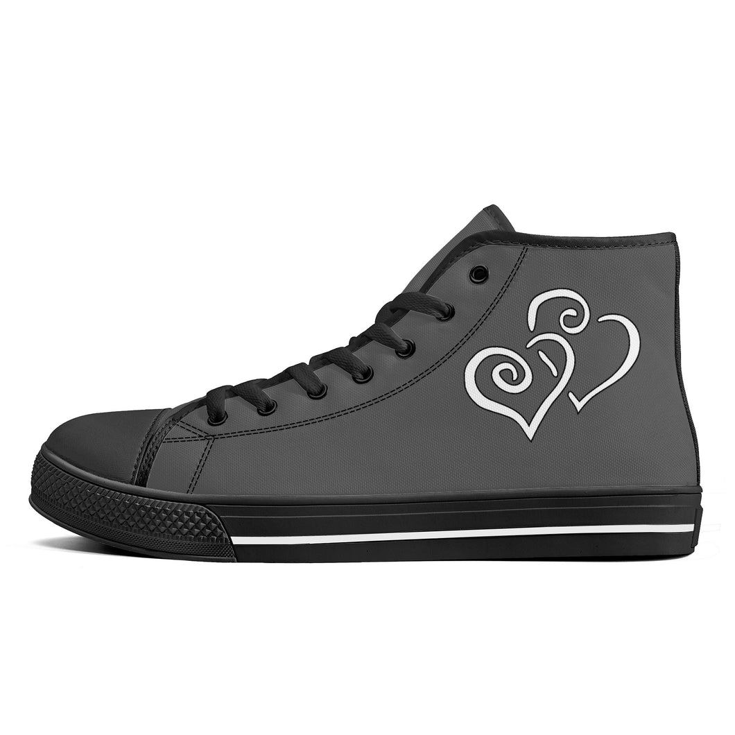 Ti Amo I love you - Exclusive Brand  - Davy's Grey - Double White Heart - High-Top Canvas Shoes - Black Soles