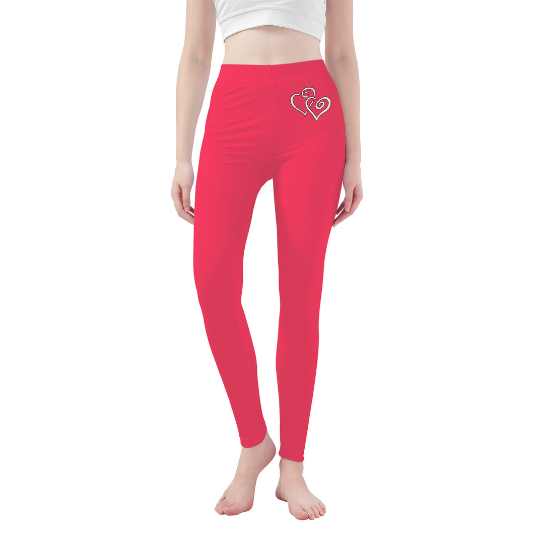 Ti Amo I love you - Exclusive Brand  - Radical Red - Double White Heart - Womens / Teen Girls  / Womens Plus Size  - Yoga Leggings - Sizes XS-3XL