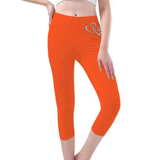 Ti Amo I love you - Exclusive Brand  - Orange - Double White Heart -  Womens / Teen Girls / Womens Plus Size - Capri Yoga Leggings - Sizes XS-3XL
