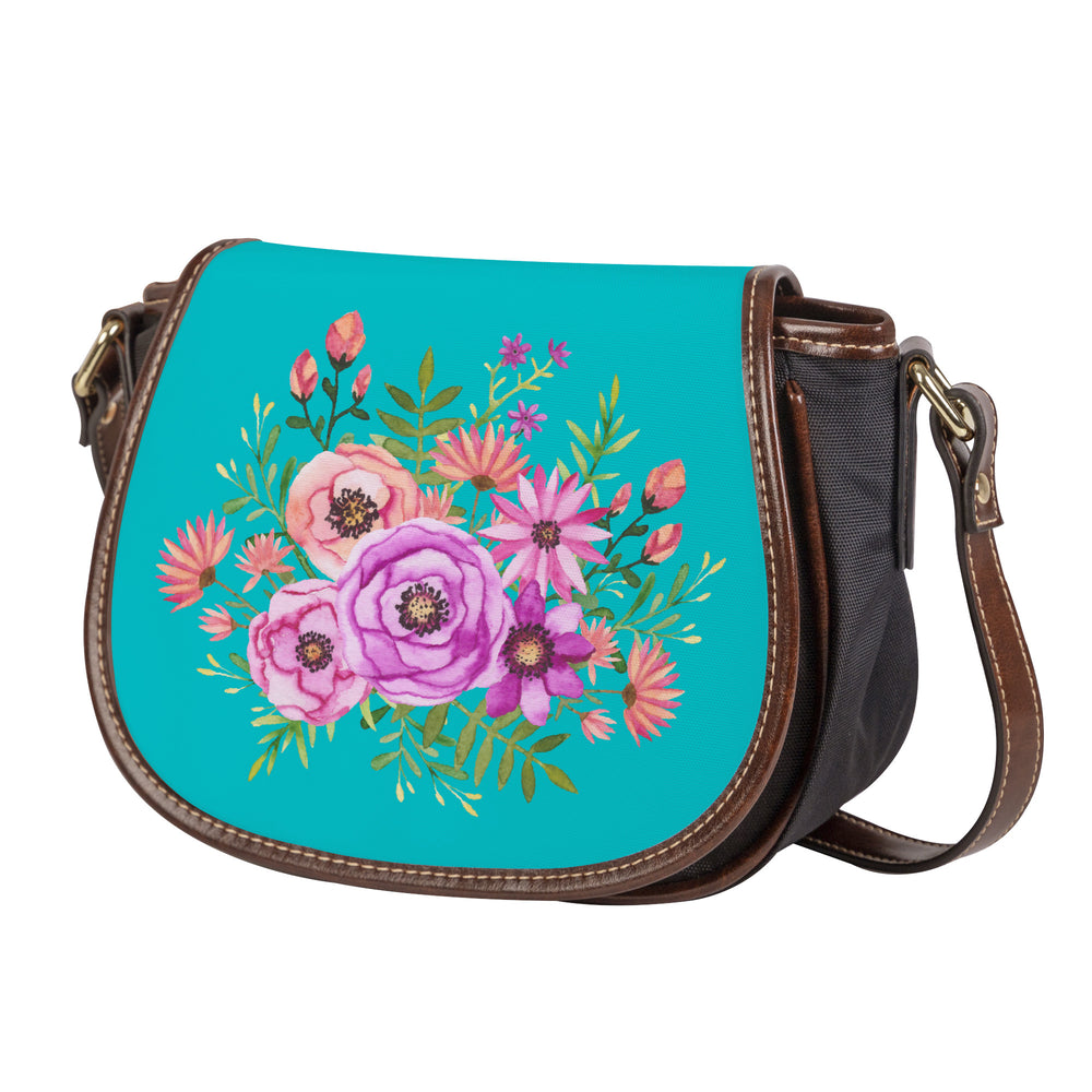 Ti Amo I love you - Exclusive Brand - Vivid Cyan (Robin's Egg Blue) - Floral Bouquet - Saddle Bag