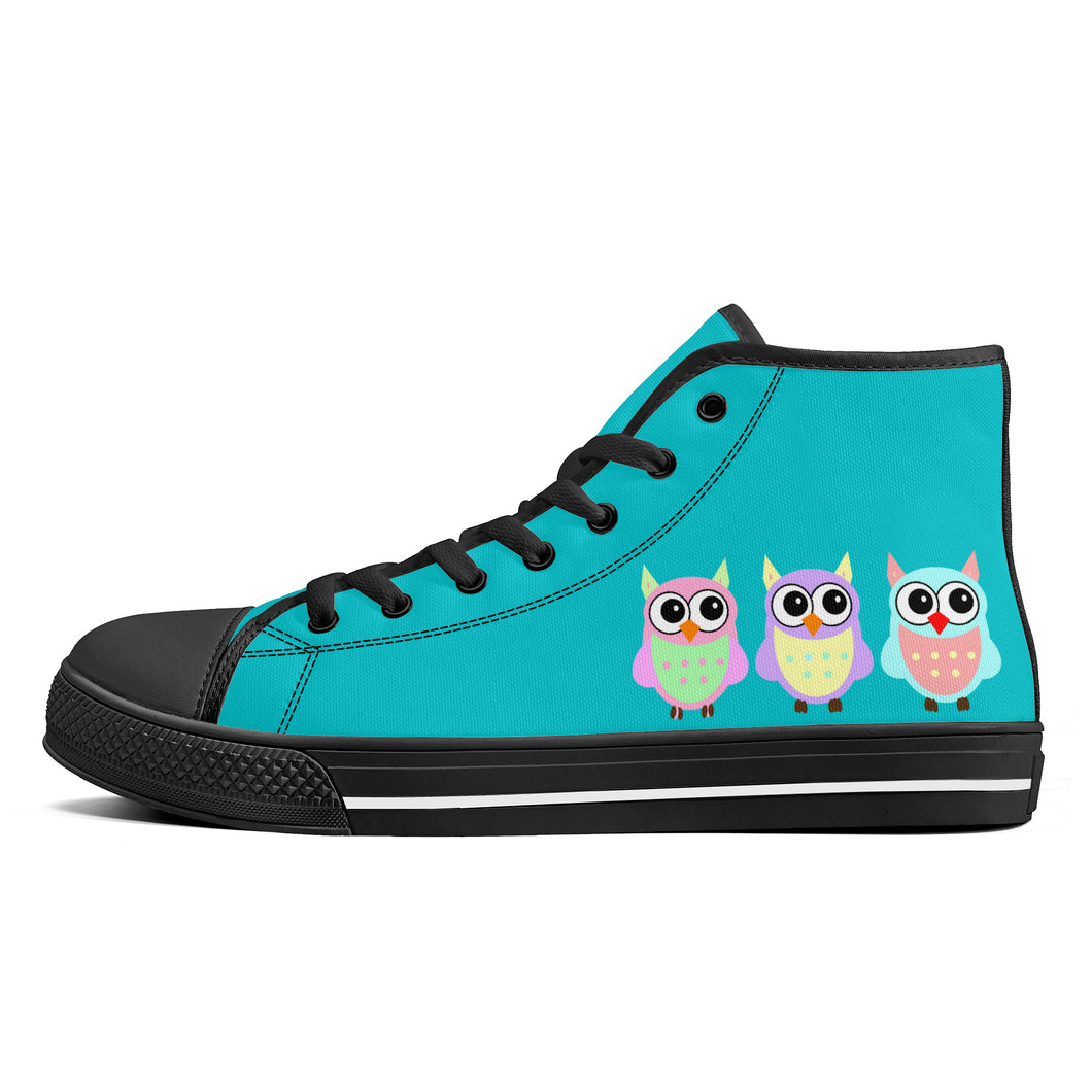 Ti Amo I love you - Exclusive Brand - 3 Sitting Owls - High-Top Canvavs Shoes - Black Soles