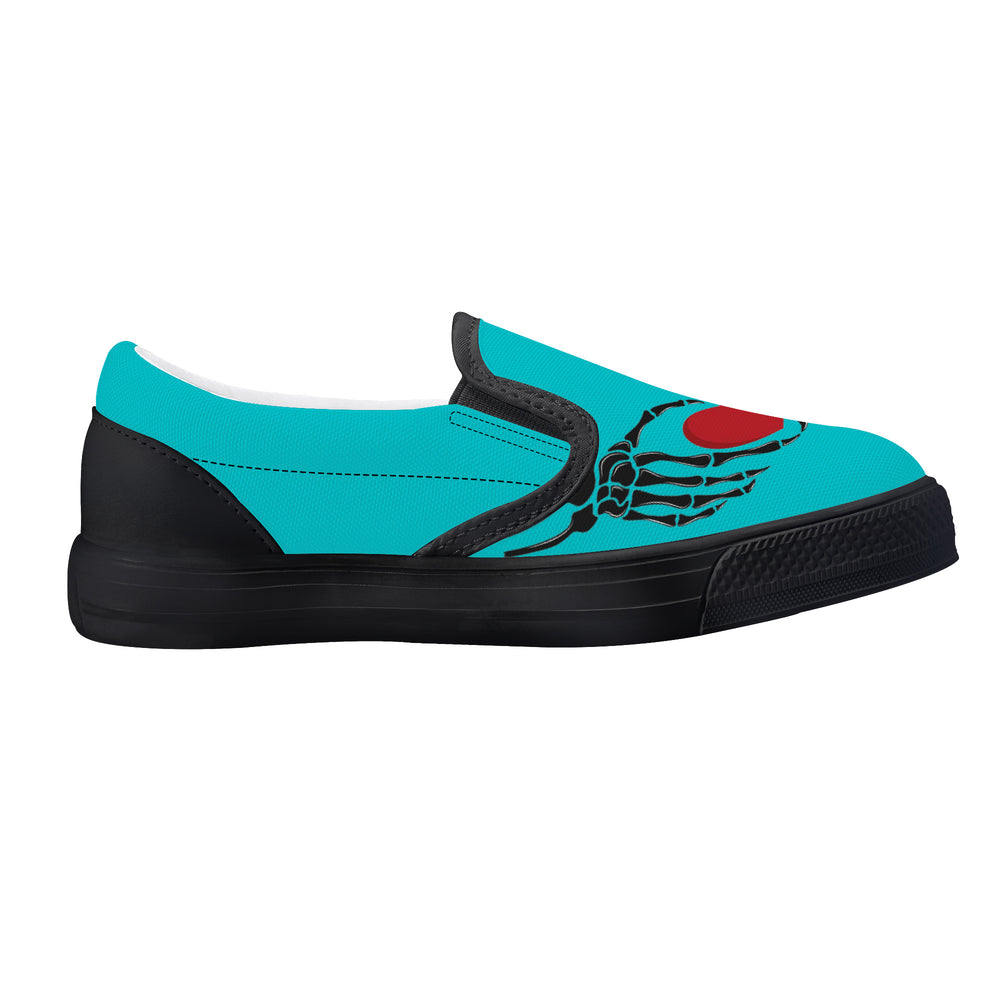 Ti Amo I love you - Exclusive Brand  - Vivid Cyan (Robin's Egg Blue) - Skeleton Hands with Heart  -  Kids Slip-on shoes - Black Soles