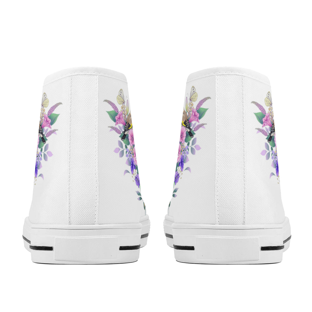 Ti Amo I love you - Exclusive Brand - Floral / Bird/ Butterfly - Womens High-Top Canvas Shoes - White Soles