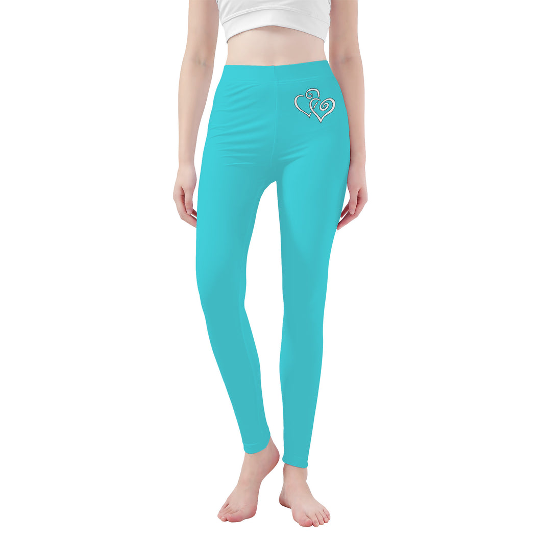 Ti Amo I love you - Exclusive Brand  - Picton Blue - Double White Heart - Womens / Teen Girls  / Womens Plus Size  - Yoga Leggings - Sizes XS-3XL