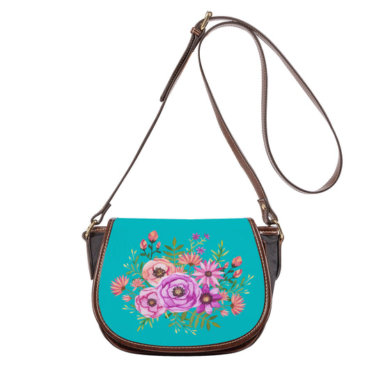 Ti Amo I love you - Exclusive Brand - Vivid Cyan (Robin's Egg Blue) - Floral Bouquet - Saddle Bag