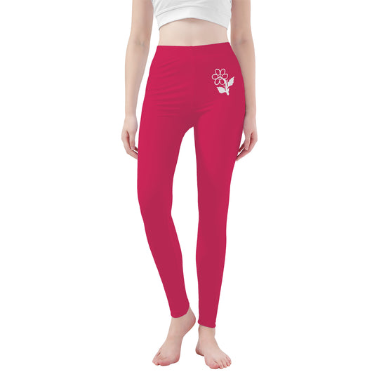 Ti Amo I love you - Exclusive Brand - Cerise Red 2 - White Daisy - Yoga Leggings - Sizes XS-3XL