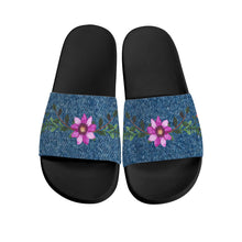 Load image into Gallery viewer, Ti Amo I love you  - Exclusive Brand  - Denim Look - Floral -  Womens / Children  / Youth  - Slide Sandals - Black Soles
